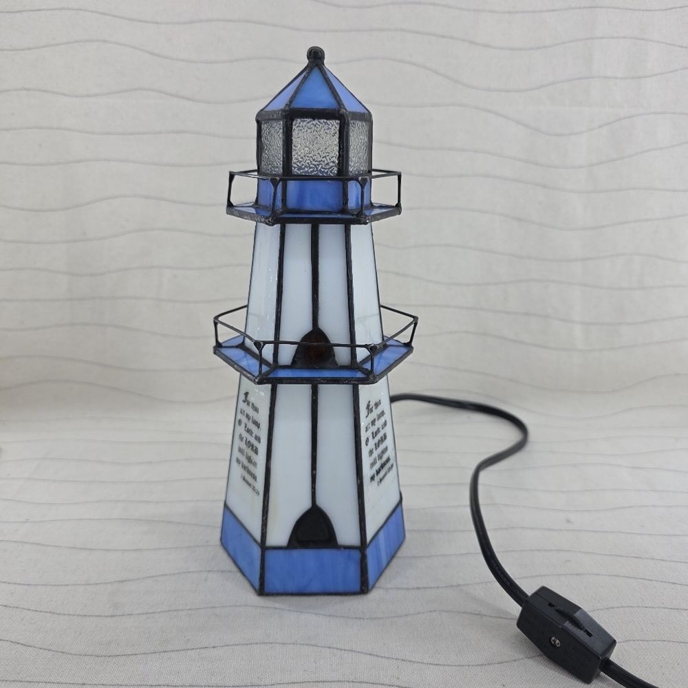 Tiffany Style Stained Glass Nautical Lighthouse Electrical Lamp with Bible Verse - Picture 8 of 11